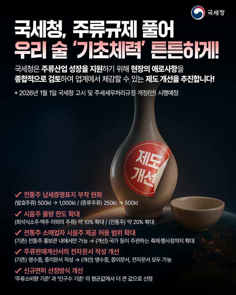 국세청, 주류규제 풀어 우리 술 '기초체력' 튼튼하게! 하단내용 참조